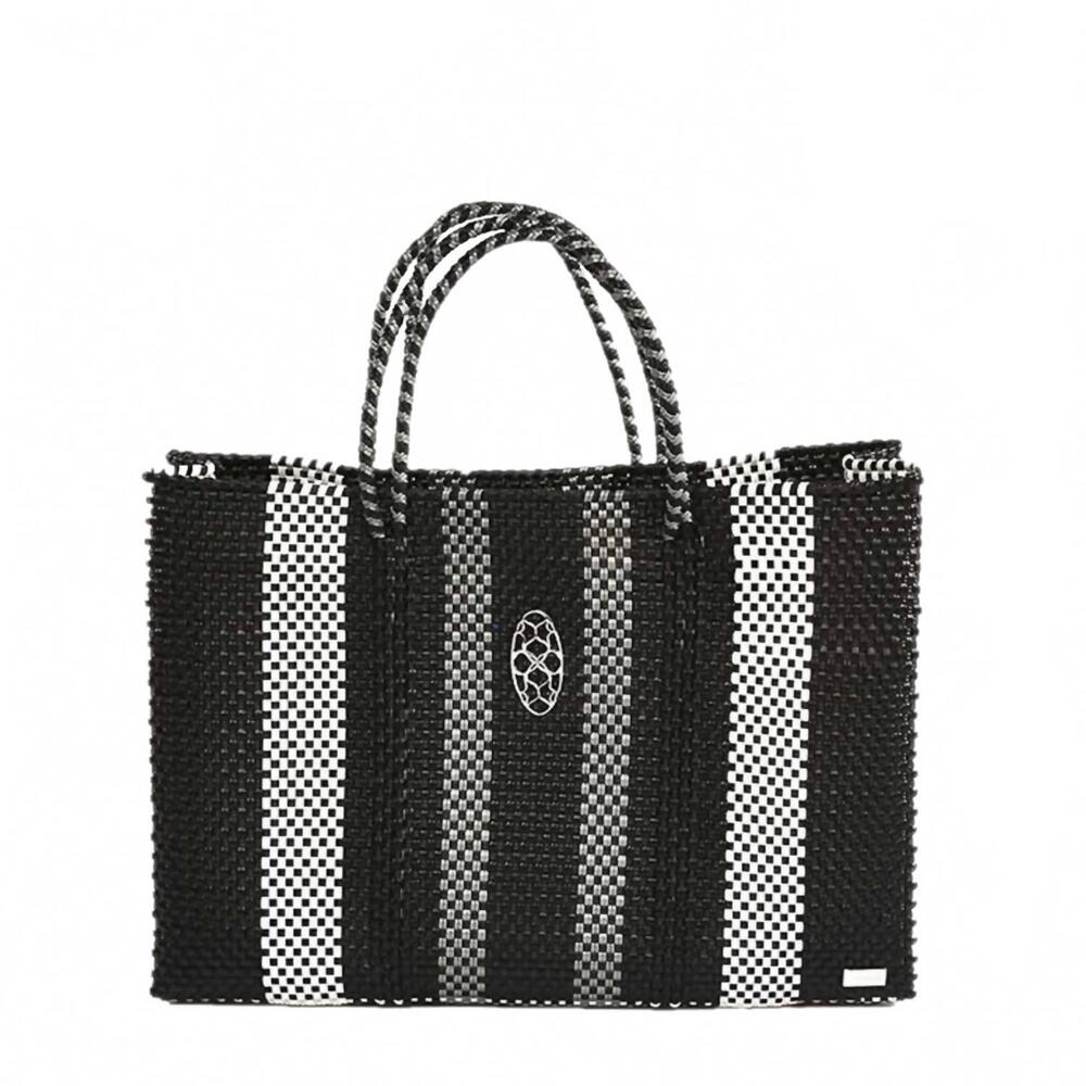 NEW LOLA'S BAG women's travel woven striped tote bag and clutch in black/white